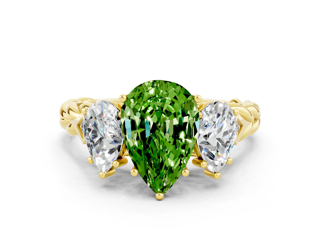 Yellow gold Three-Stone Pear Cut Peridot Braided Band Ring with Four-Prong Setting_12