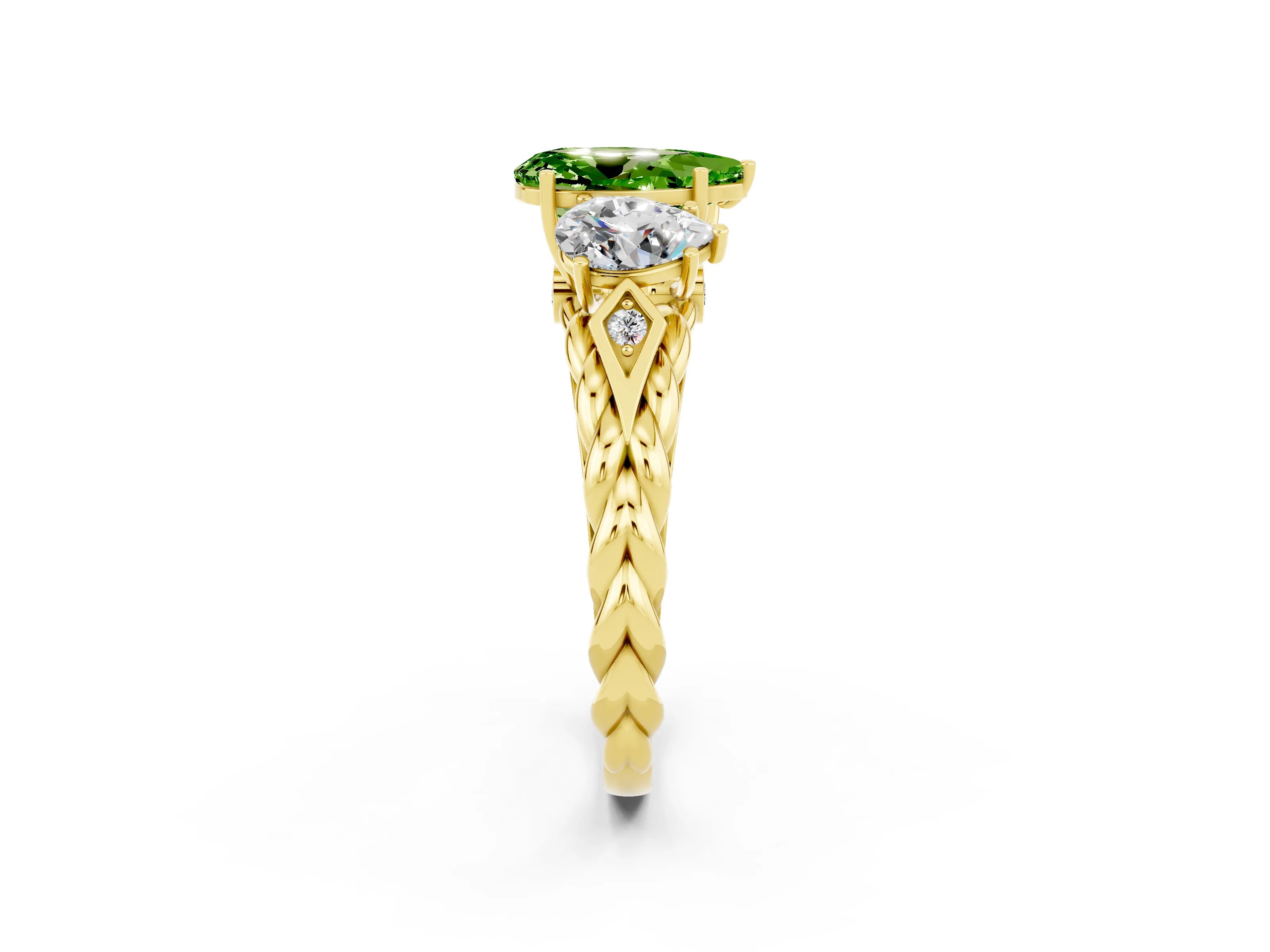 Yellow gold Three-Stone Pear Cut Peridot Braided Band Ring with Four-Prong Setting_14