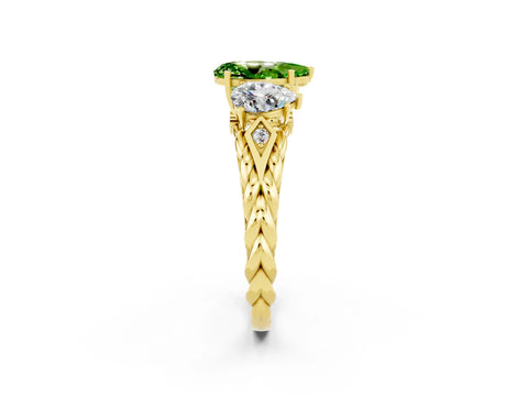 Yellow gold Three-Stone Pear Cut Peridot Braided Band Ring with Four-Prong Setting_14