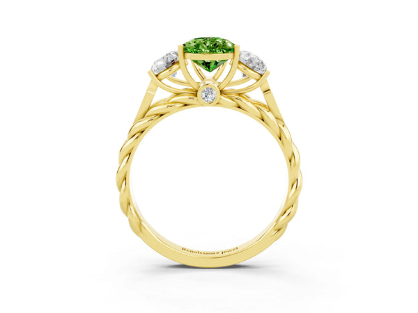 Yellow gold Three-Stone Pear Cut Peridot Braided Band Ring with Four-Prong Setting