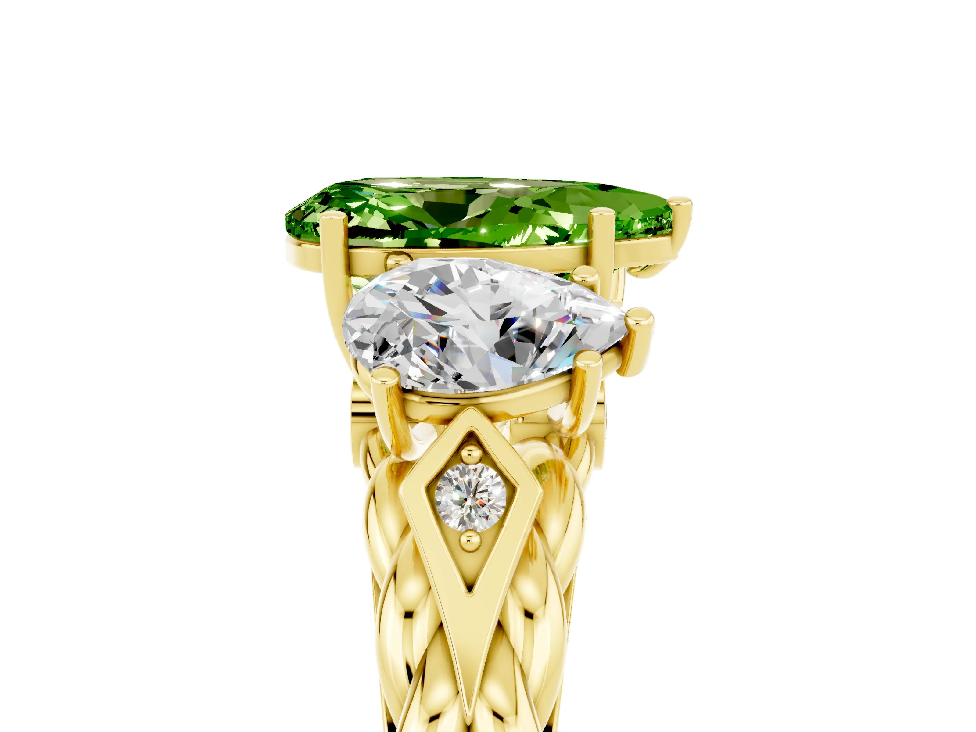 Yellow gold Three-Stone Pear Cut Peridot Braided Band Ring with Four-Prong Setting_17