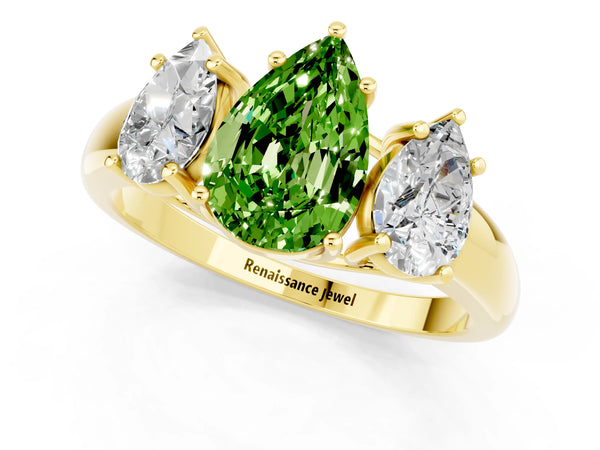 Yellow gold Three-Stone Pear Cut Peridot Engagement Ring with Prong Setting