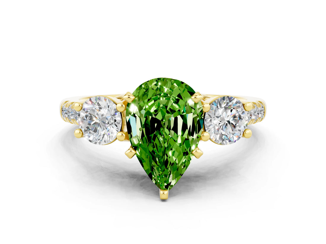 Yellow gold Three-Stone Pear Cut Peridot Pavé Band with Four-Prong Setting