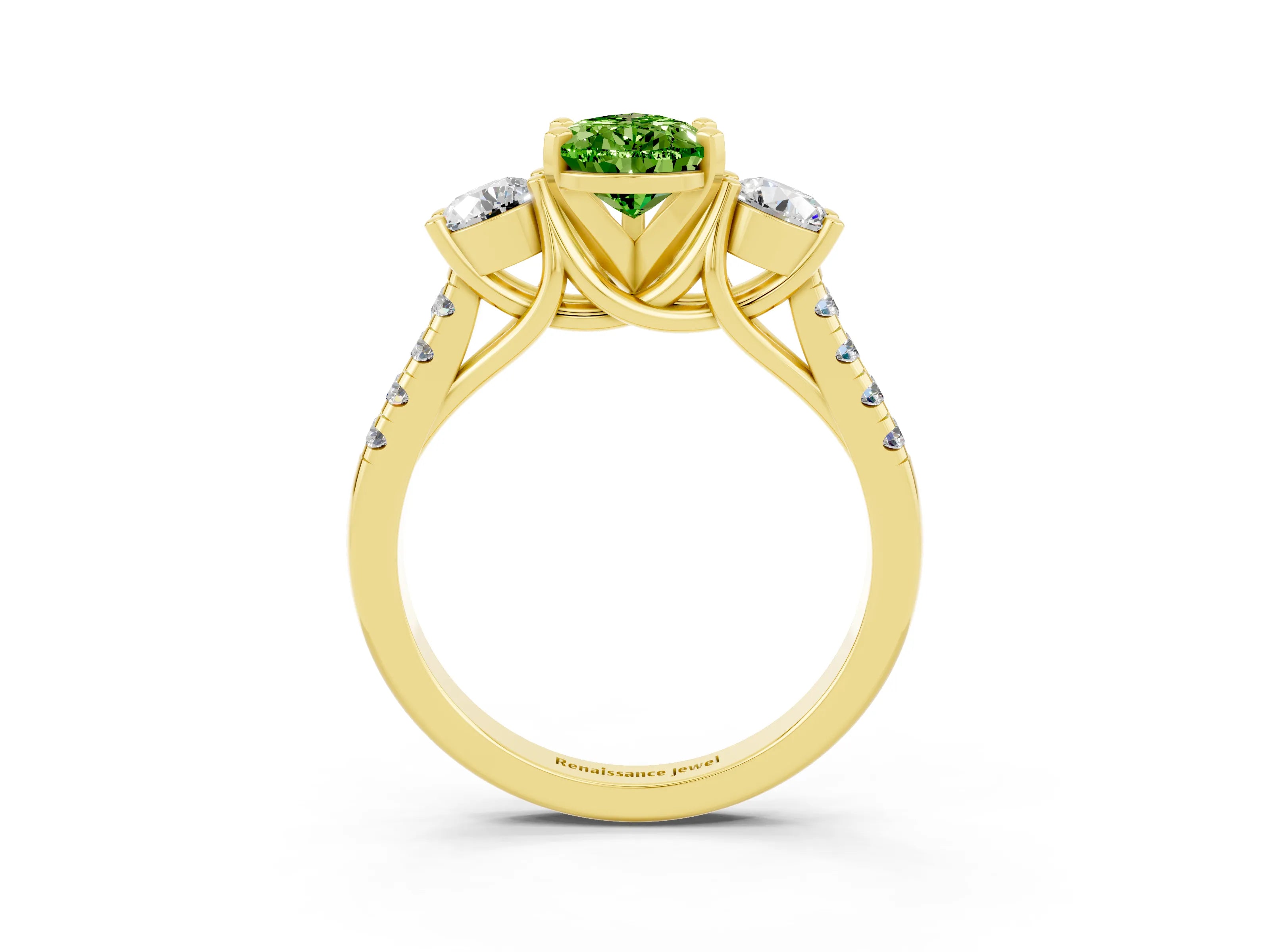 Yellow gold Three-Stone Pear Cut Peridot Pavé Band with Four-Prong Setting_3