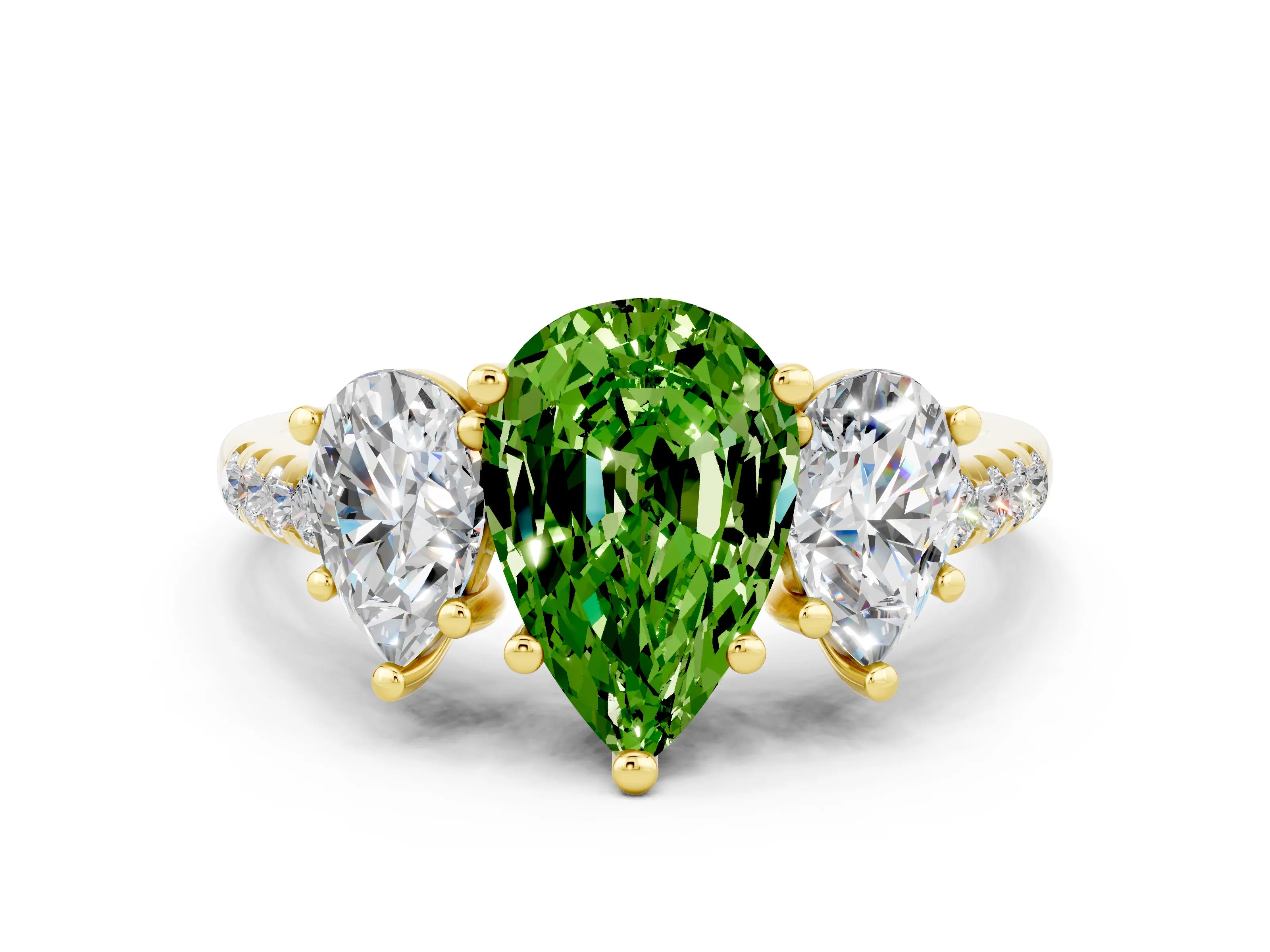 Yellow gold Three-Stone Pear Cut Peridot Ring with Pavé Band and Prong Setting_12