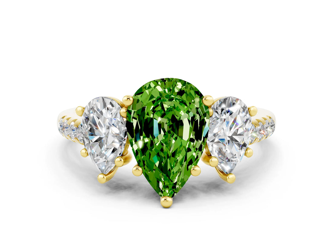 Yellow gold Three-Stone Pear Cut Peridot Ring with Pavé Band and Prong Setting_12