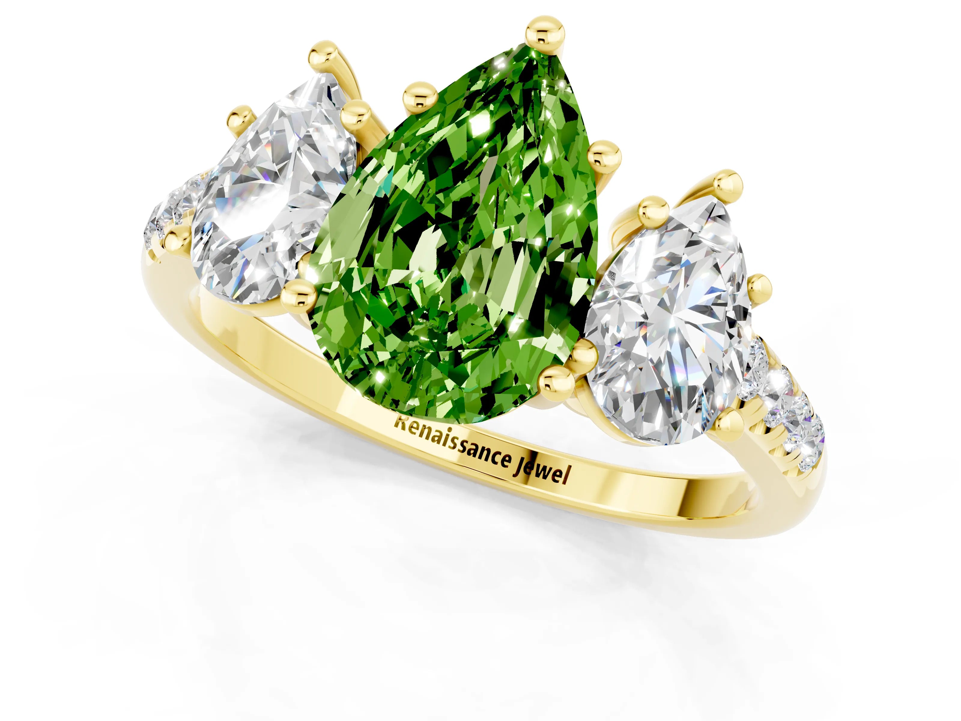 Yellow gold Three-Stone Pear Cut Peridot Ring with Pavé Band and Prong Setting_13