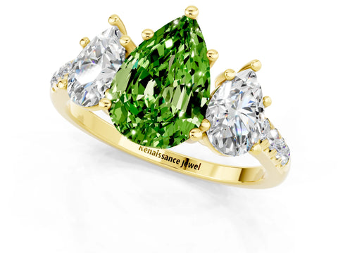 Yellow gold Three-Stone Pear Cut Peridot Ring with Pavé Band and Prong Setting_13