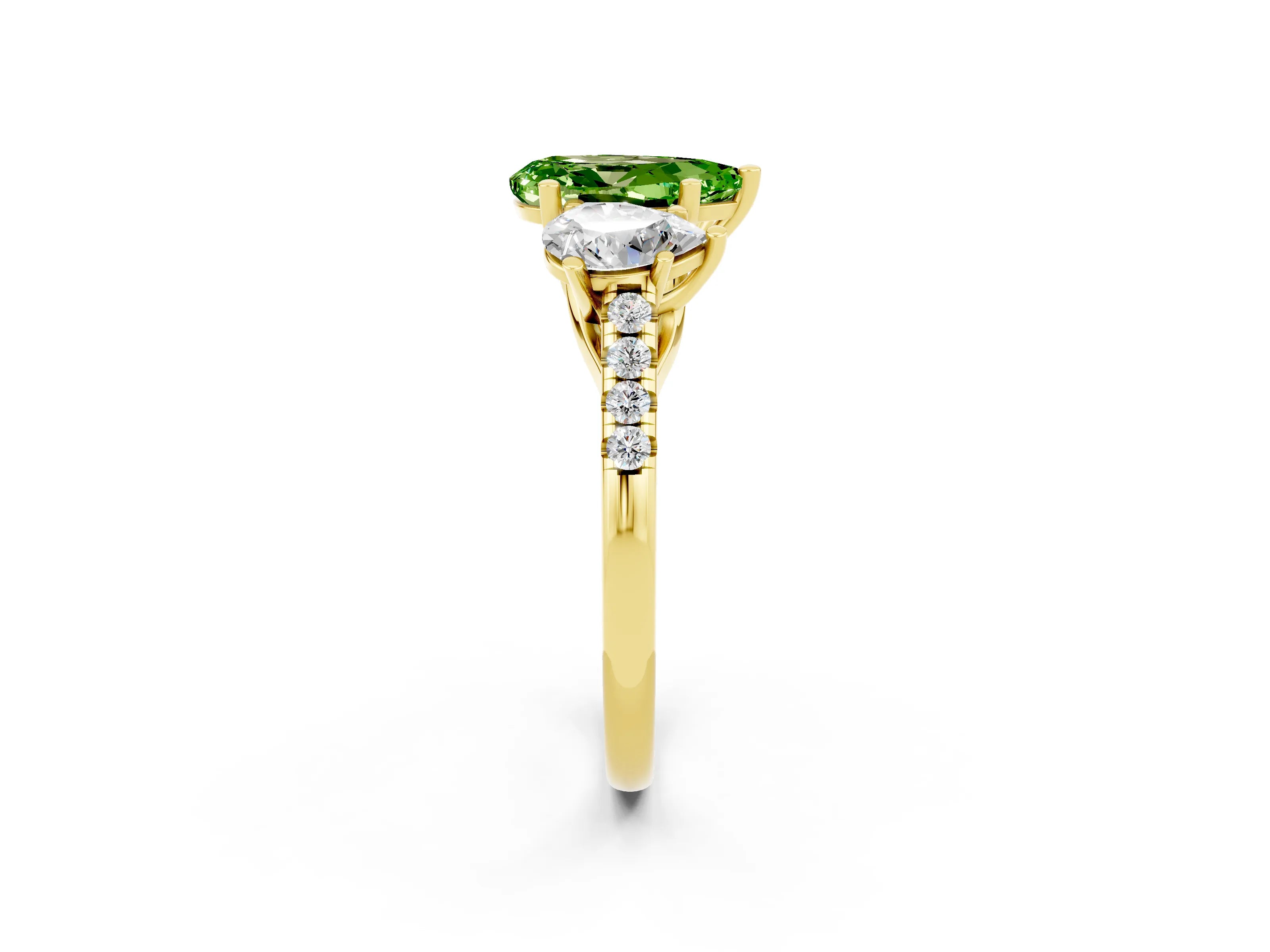 Yellow gold Three-Stone Pear Cut Peridot Ring with Pavé Band and Prong Setting_14