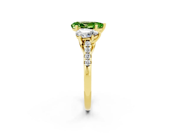 Yellow gold Three-Stone Pear Cut Peridot Ring with Round  Pavé Band and Prong Setting