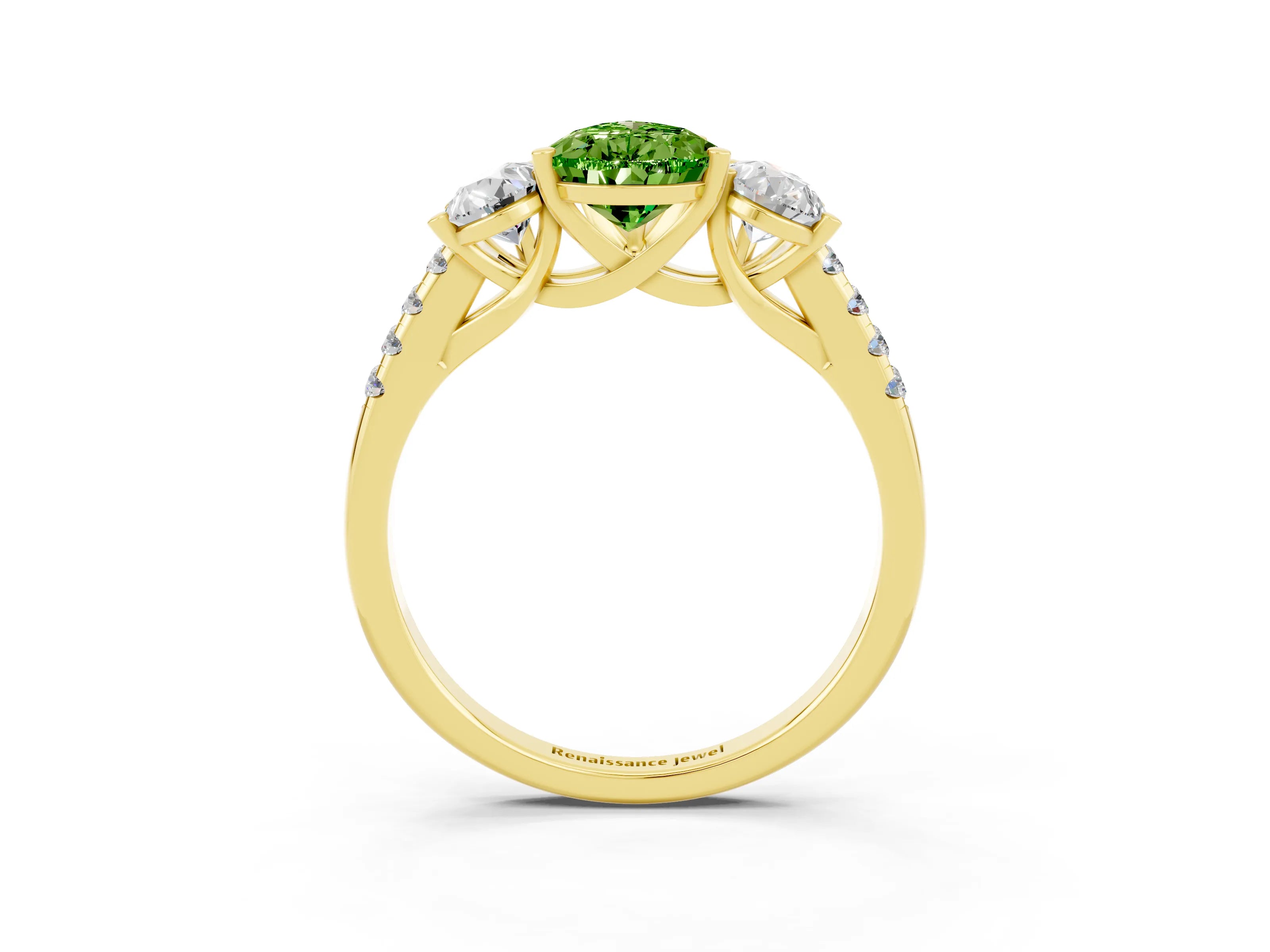 Yellow gold Three-Stone Pear Cut Peridot Ring with Pavé Band and Prong Setting_15