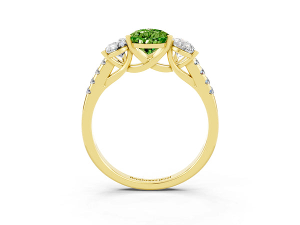 Yellow gold Three-Stone Pear Cut Peridot Ring with Round  Pavé Band and Prong Setting