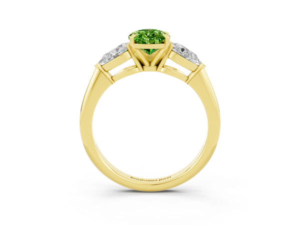 Yellow gold Three-Stone Pear Cut Peridot Ring with Pear Side Stones and Four-Prong Setting