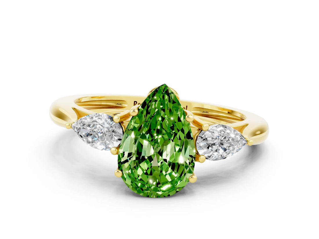 Yellow gold Three-Stone Pear Cut Peridot Ring with Pear  Side Stones in Four-Prong Setting_36