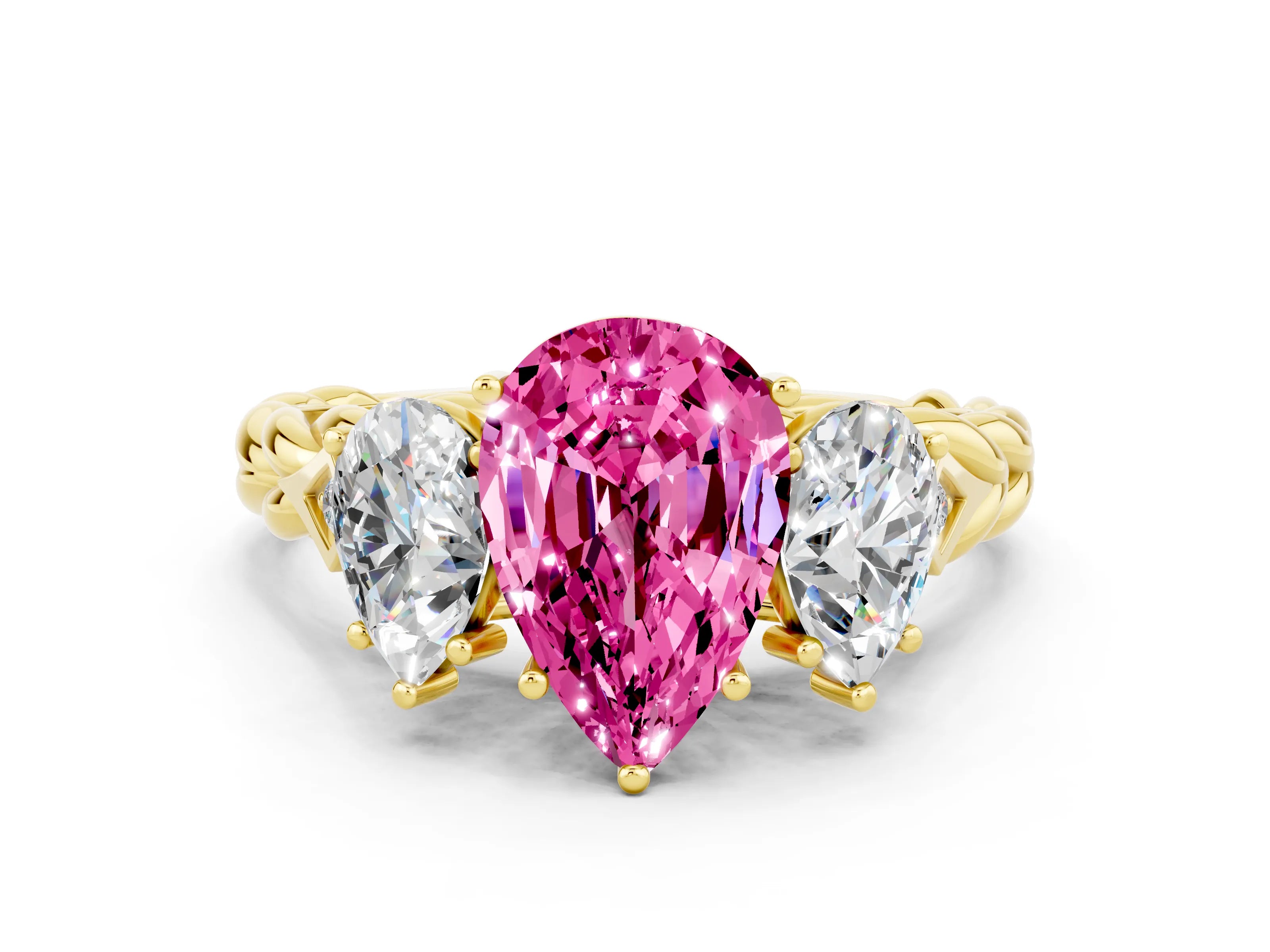 Yellow gold Three-Stone Pear Cut Pink Sapphire Braided Band Ring with Four-Prong Setting_36