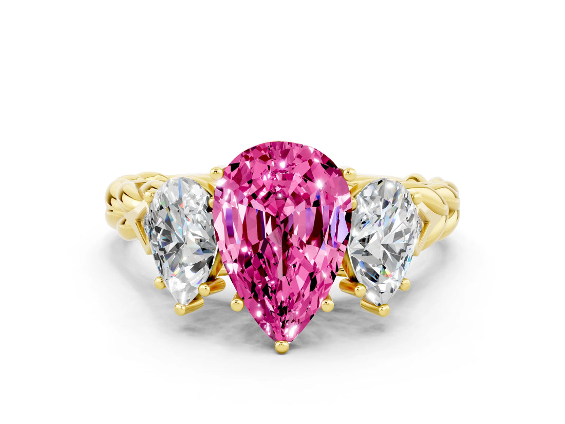 Yellow gold Three-Stone Pear Cut Pink Sapphire Braided Band Ring with Four-Prong Setting_36