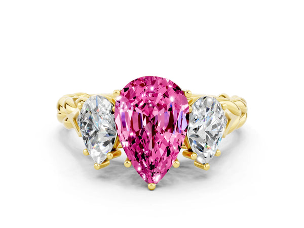 Yellow gold Three-Stone Pear Cut Pink Sapphire Braided Band Ring with Four-Prong Setting