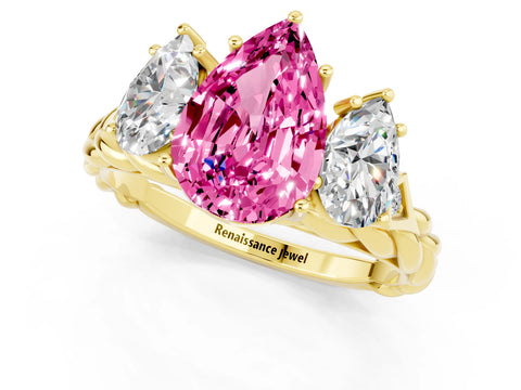 Yellow gold Three-Stone Pear Cut Pink Sapphire Braided Band Ring with Four-Prong Setting_37
