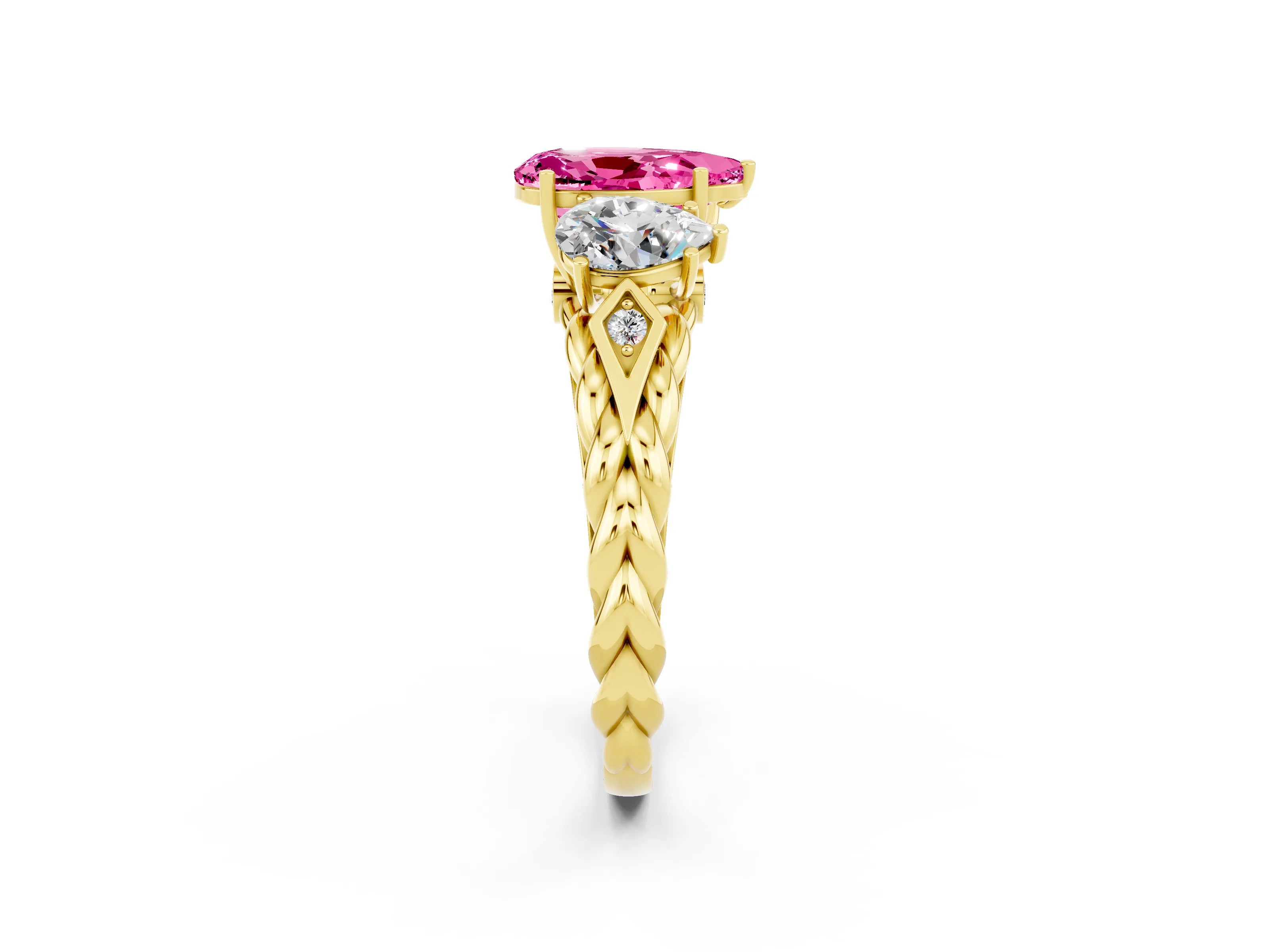 Yellow gold Three-Stone Pear Cut Pink Sapphire Braided Band Ring with Four-Prong Setting_38