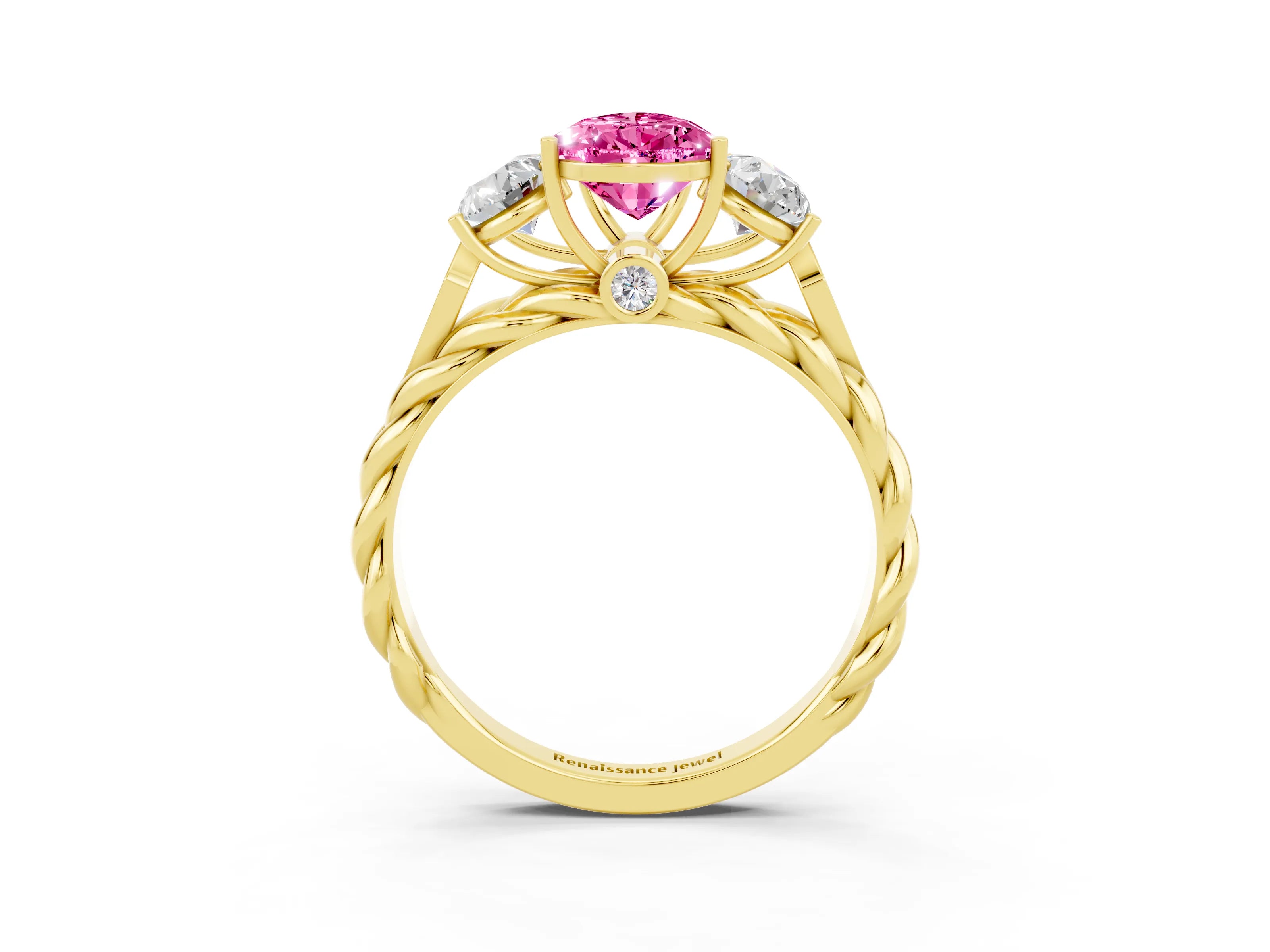Yellow gold Three-Stone Pear Cut Pink Sapphire Braided Band Ring with Four-Prong Setting_39