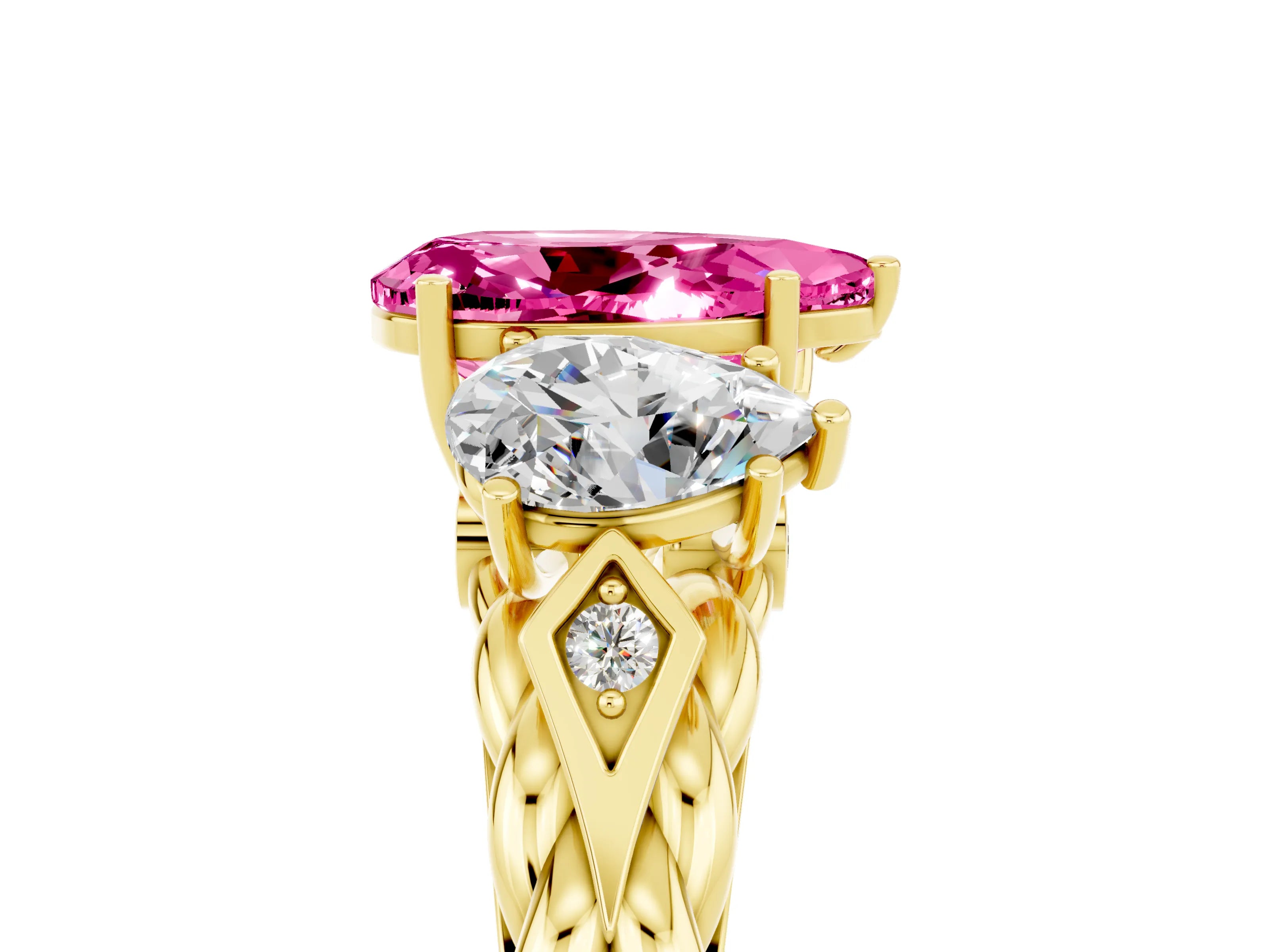 Yellow gold Three-Stone Pear Cut Pink Sapphire Braided Band Ring with Four-Prong Setting_41