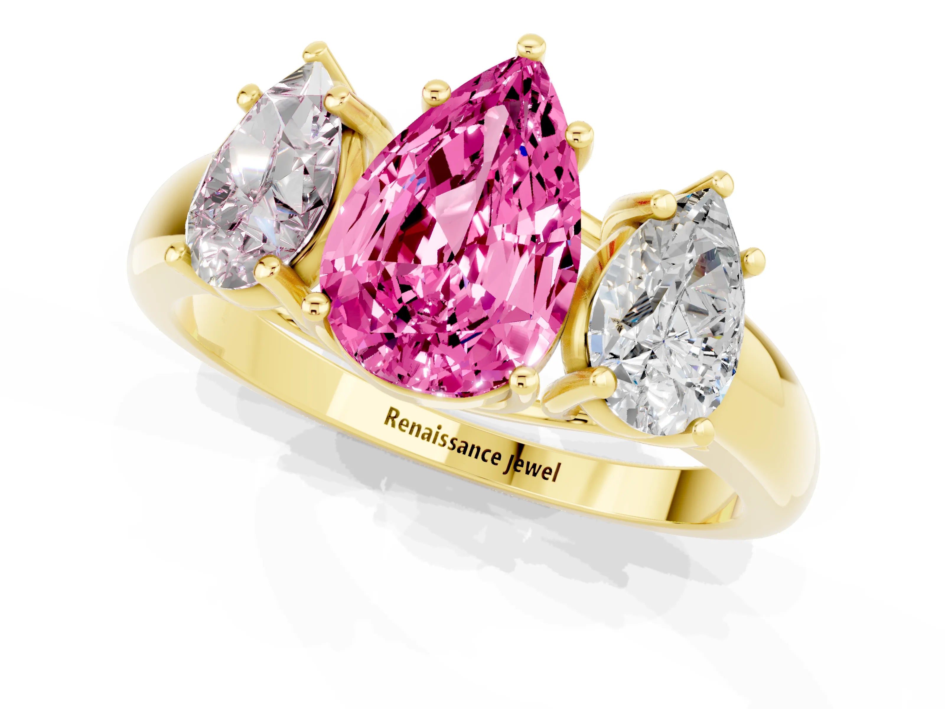 Yellow gold Three-Stone Pear Cut Pink Sapphire Engagement Ring with Prong Setting_1