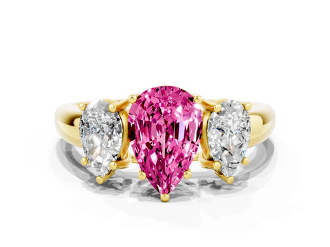 Yellow gold Three-Stone Pear Cut Pink Sapphire Engagement Ring with Prong Setting