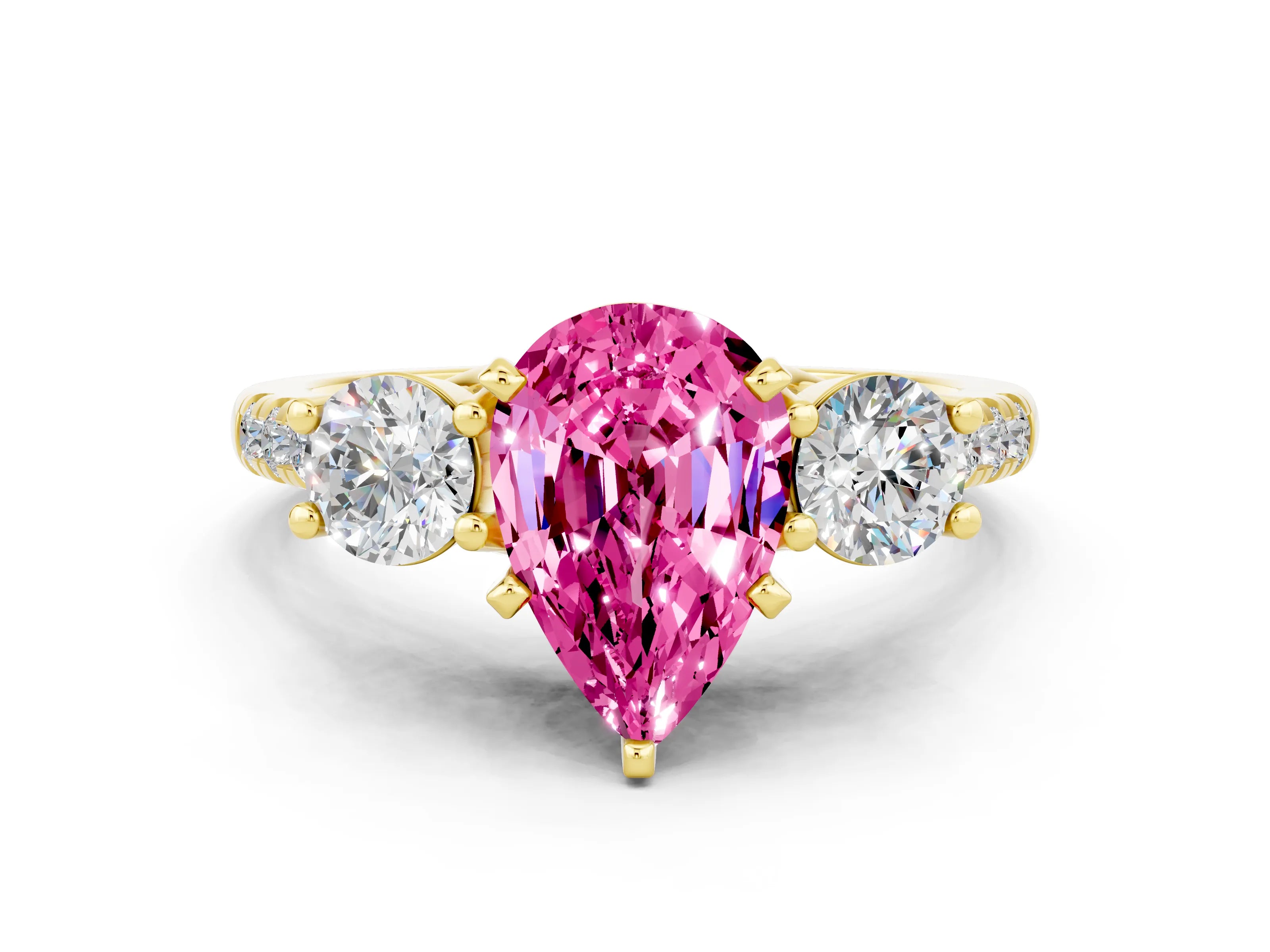 Yellow gold Three-Stone Pear Cut Pink Sapphire Pavé Band with Four-Prong Setting_24