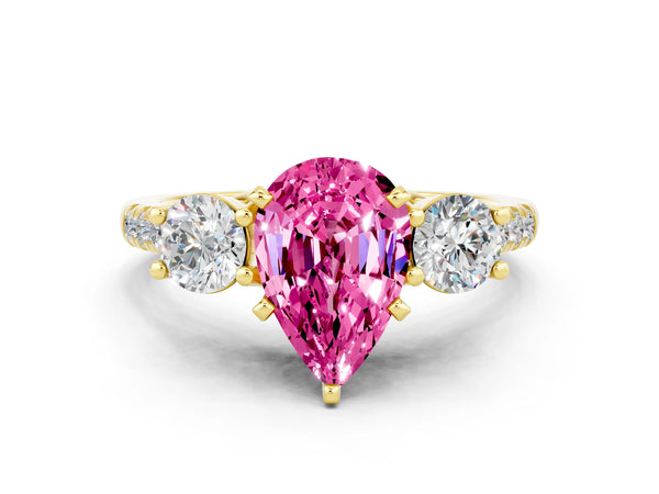 Yellow gold Three-Stone Pear Cut Pink Sapphire Pavé Band with Four-Prong Setting
