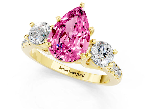 Yellow gold Three-Stone Pear Cut Pink Sapphire Pavé Band with Four-Prong Setting