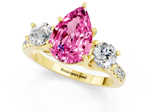 Yellow gold Three-Stone Pear Cut Pink Sapphire Pavé Band with Four-Prong Setting_25
