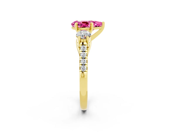 Yellow gold Three-Stone Pear Cut Pink Sapphire Pavé Band with Four-Prong Setting