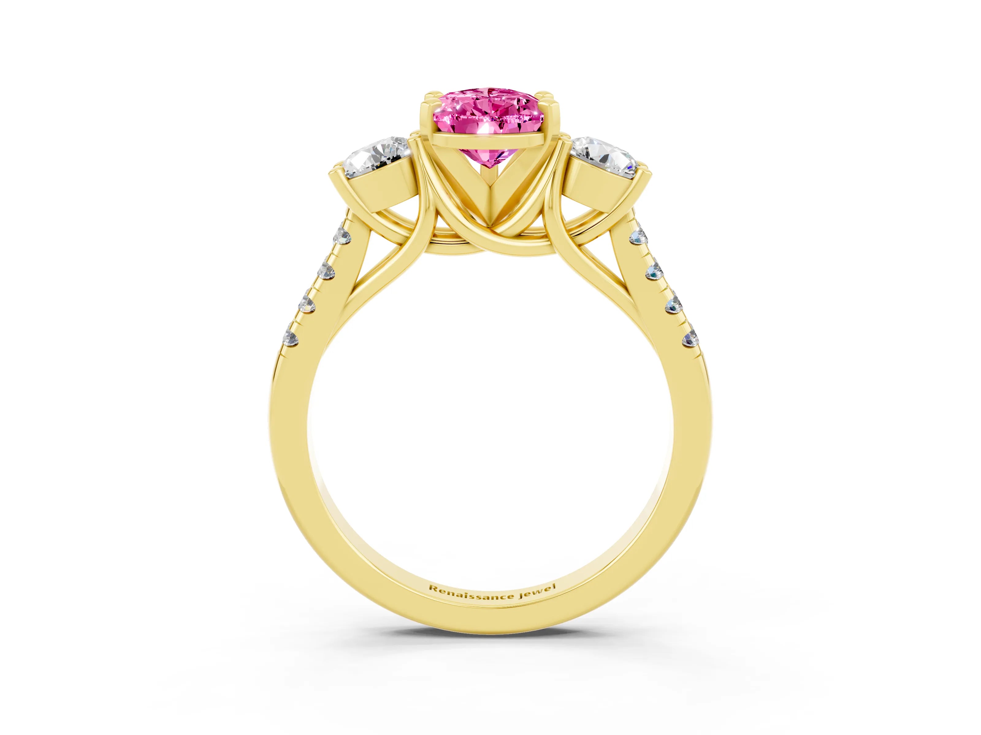 Yellow gold Three-Stone Pear Cut Pink Sapphire Pavé Band with Four-Prong Setting_27