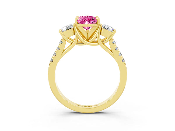 Yellow gold Three-Stone Pear Cut Pink Sapphire Pavé Band with Four-Prong Setting