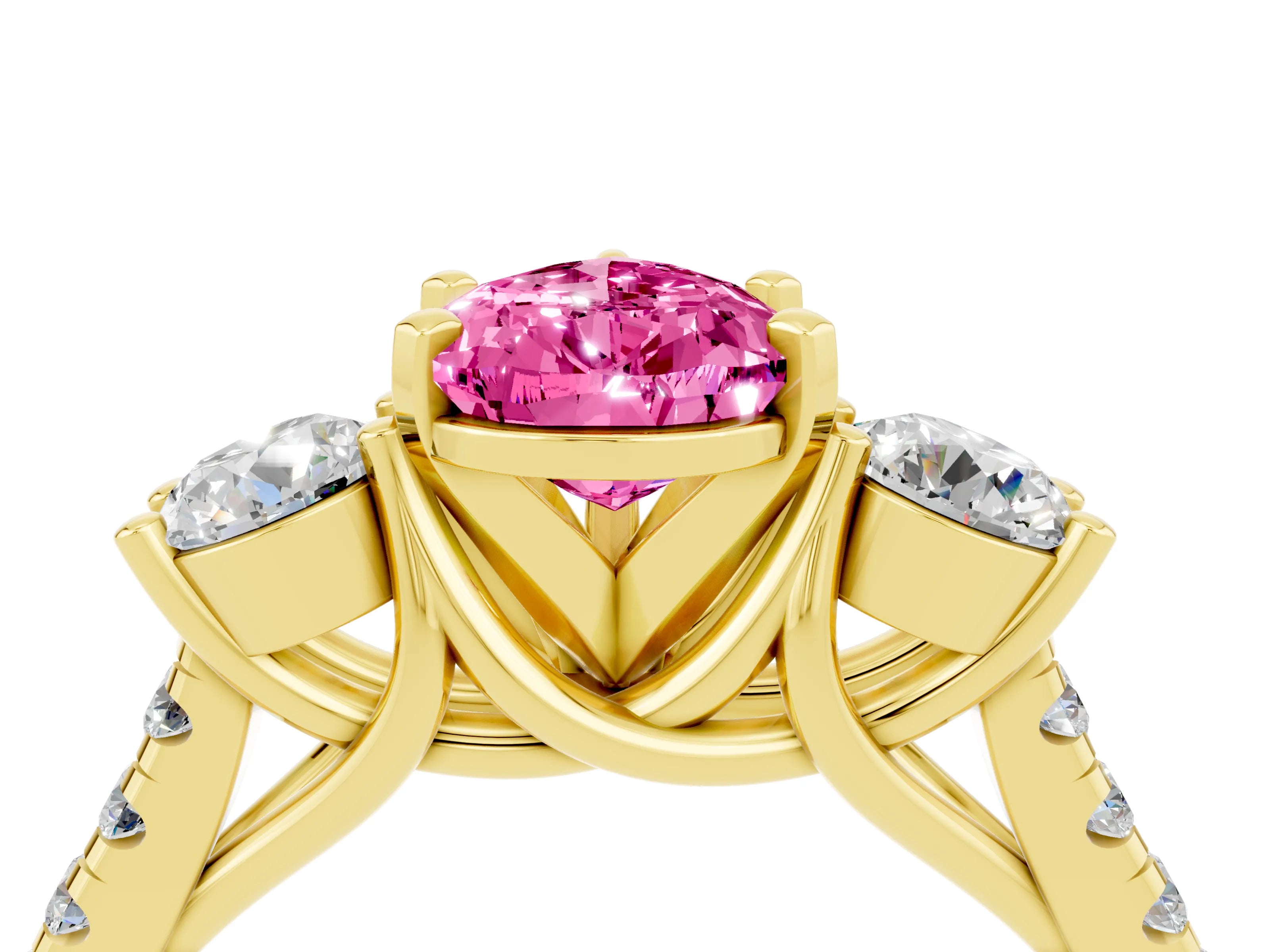 Yellow gold Three-Stone Pear Cut Pink Sapphire Pavé Band with Four-Prong Setting_28