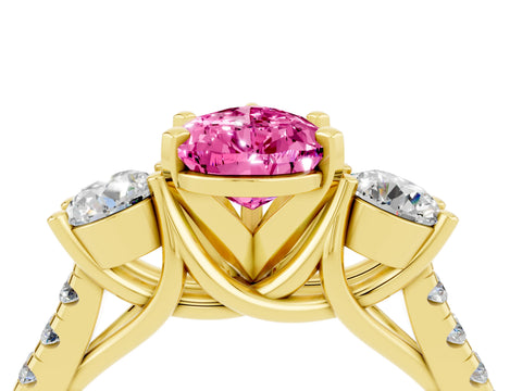 Yellow gold Three-Stone Pear Cut Pink Sapphire Pavé Band with Four-Prong Setting_28
