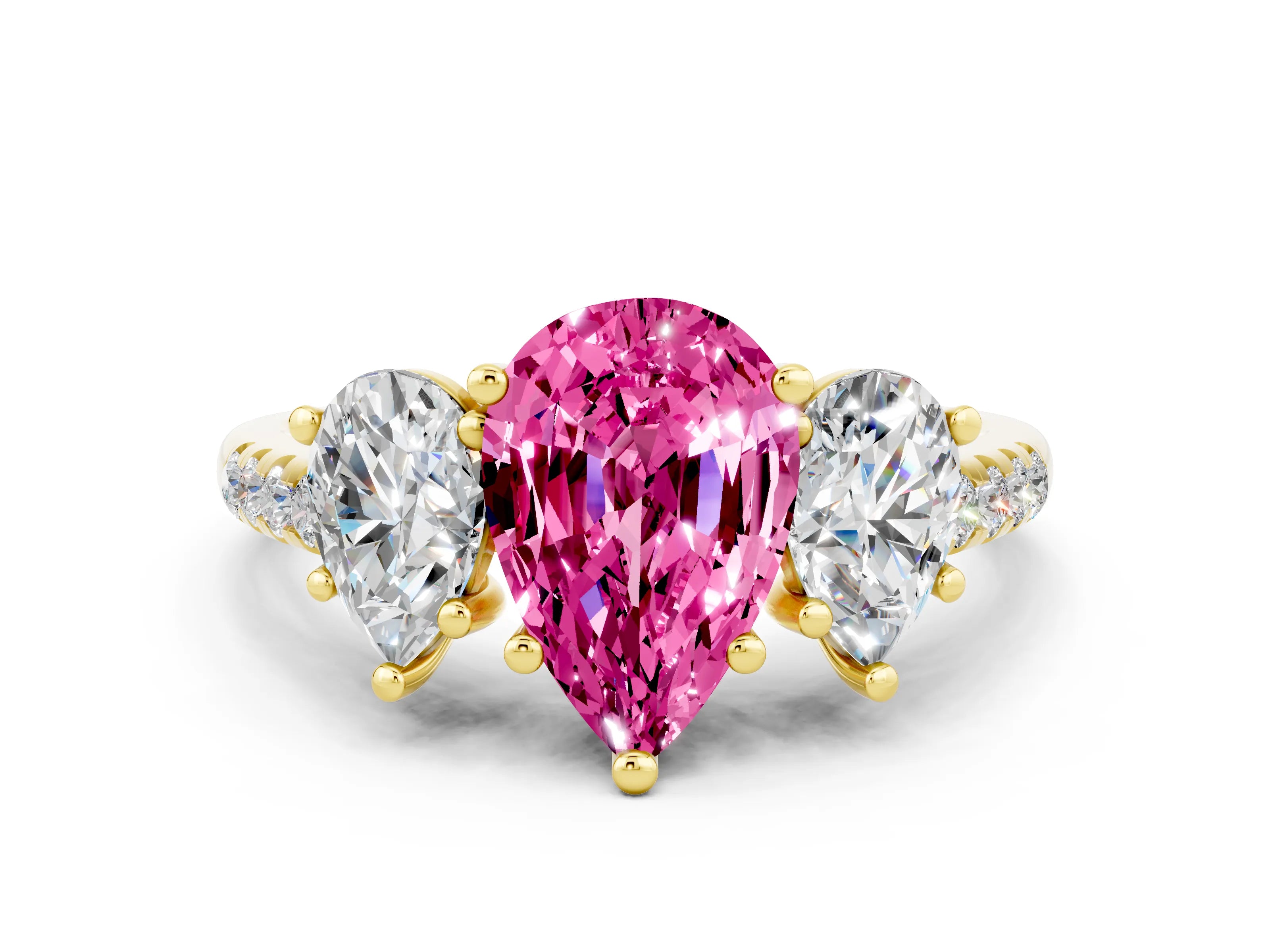 Yellow gold Three-Stone Pear Cut Pink Sapphire Ring with Pavé Band and Prong Setting_36