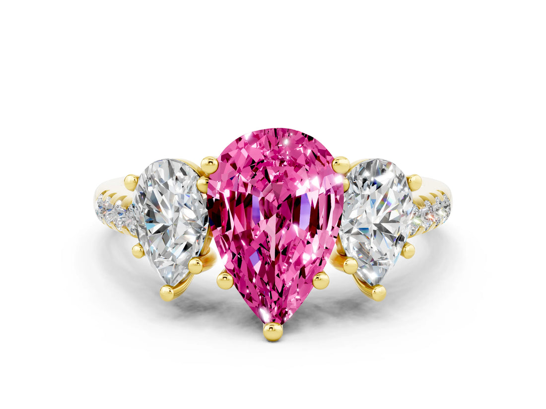 Yellow gold Three-Stone Pear Cut Pink Sapphire Ring with Pavé Band and Prong Setting_36