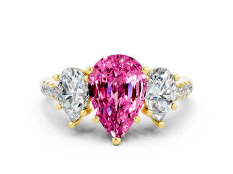Yellow gold Three-Stone Pear Cut Pink Sapphire Ring with Pavé Band and Prong Setting_36