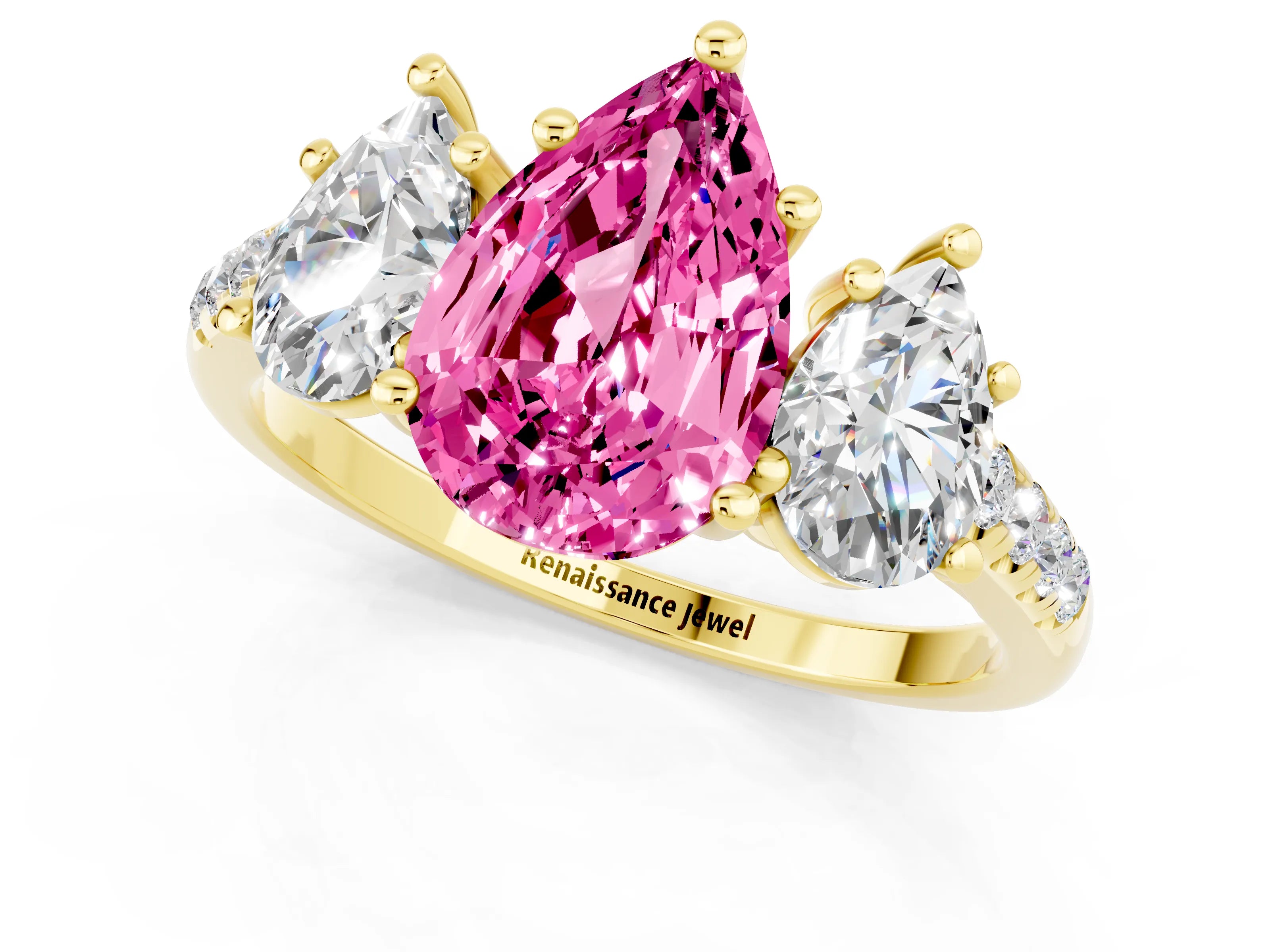 Yellow gold Three-Stone Pear Cut Pink Sapphire Ring with Pavé Band and Prong Setting_37