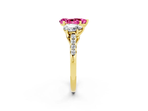 Yellow gold Three-Stone Pear Cut Pink Sapphire Ring with Round  Pavé Band and Prong Setting