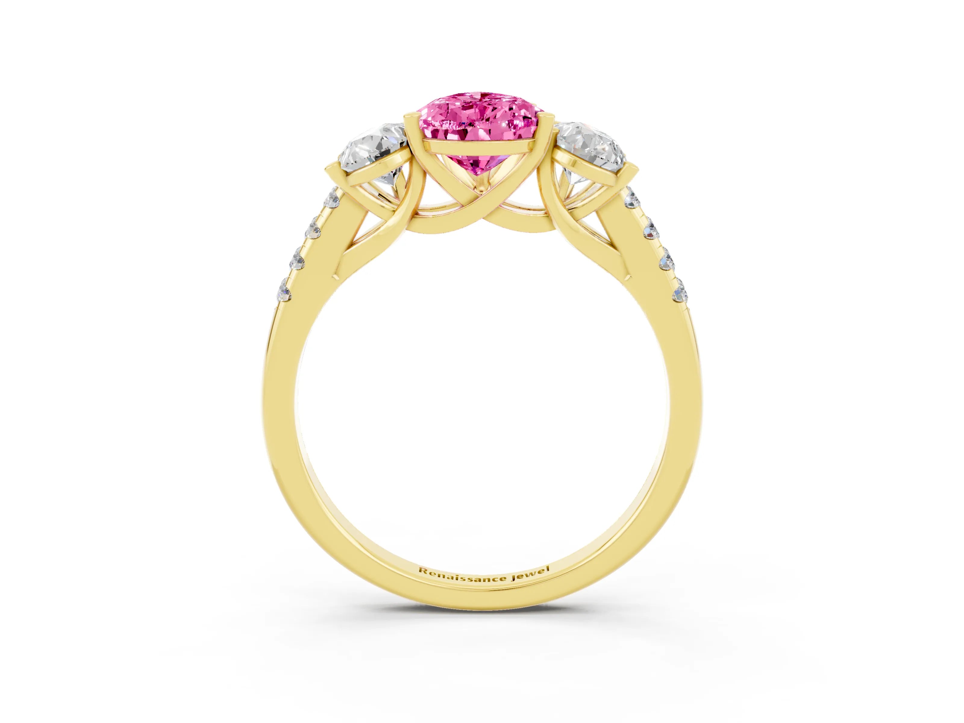 Yellow gold Three-Stone Pear Cut Pink Sapphire Ring with Pavé Band and Prong Setting_39