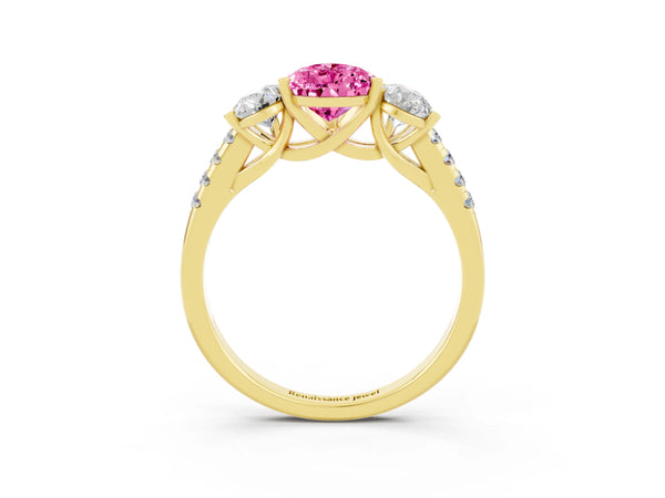 Yellow gold Three-Stone Pear Cut Pink Sapphire Ring with Round  Pavé Band and Prong Setting
