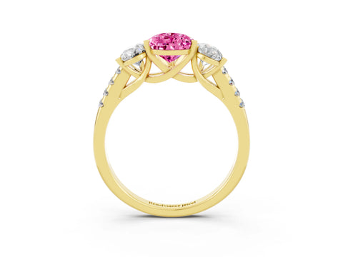 Yellow gold Three-Stone Pear Cut Pink Sapphire Ring with Pavé Band and Prong Setting_39