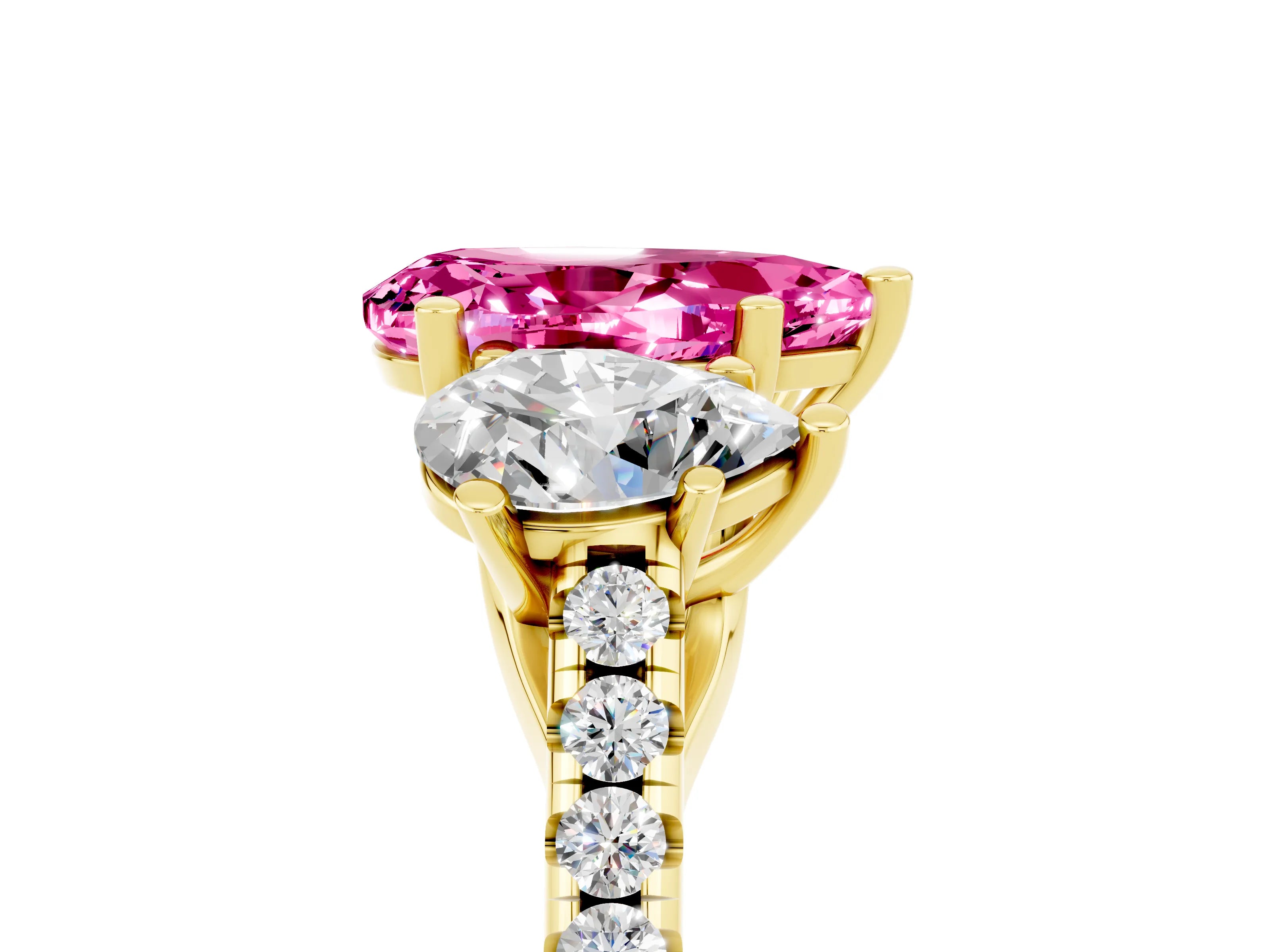 Yellow gold Three-Stone Pear Cut Pink Sapphire Ring with Pavé Band and Prong Setting_41