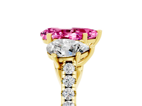 Yellow gold Three-Stone Pear Cut Pink Sapphire Ring with Pavé Band and Prong Setting_41
