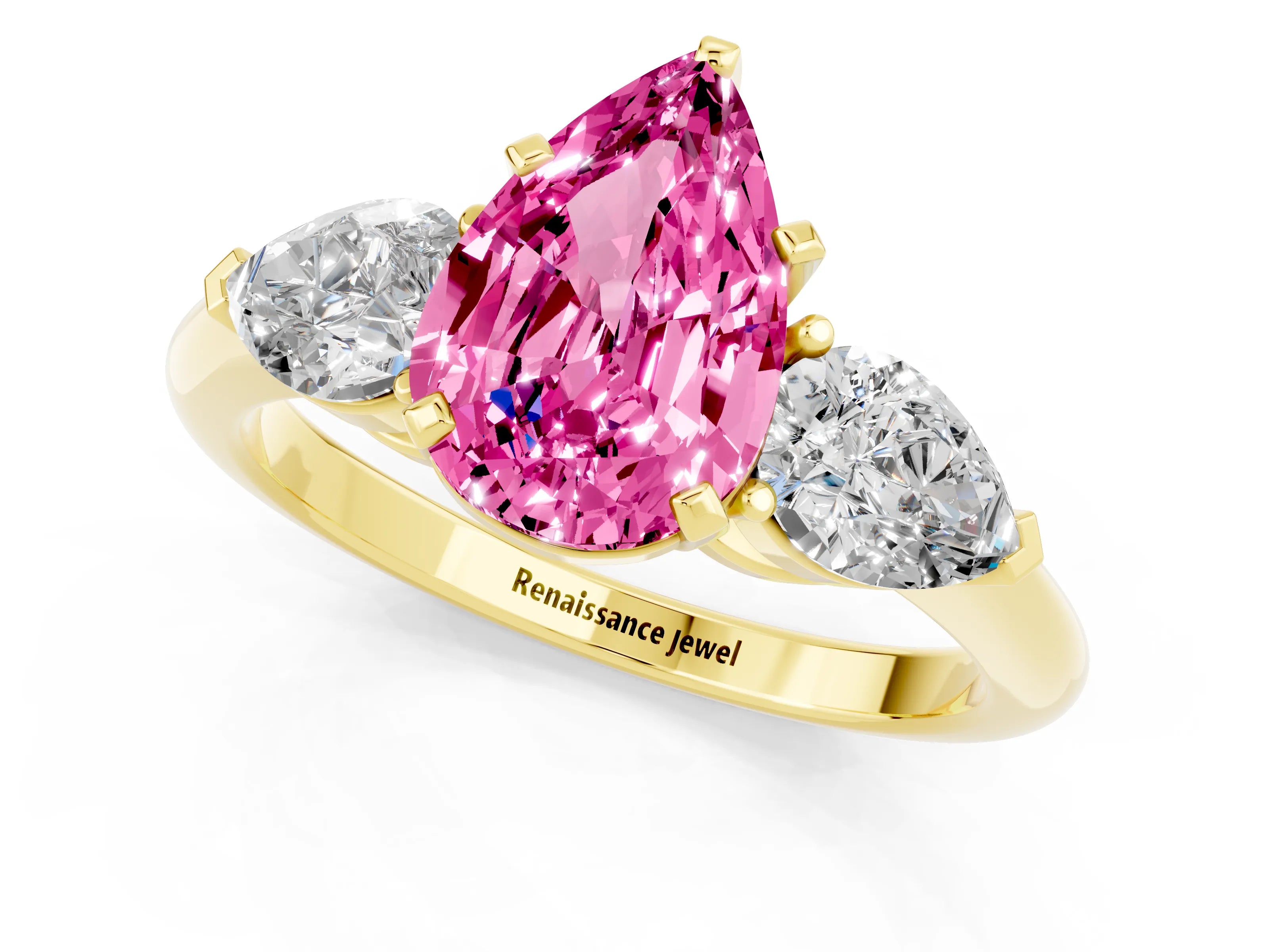 Yellow gold Three-Stone Pear Cut Pink Sapphire Ring with Pear Side Stones and Four-Prong Setting_25
