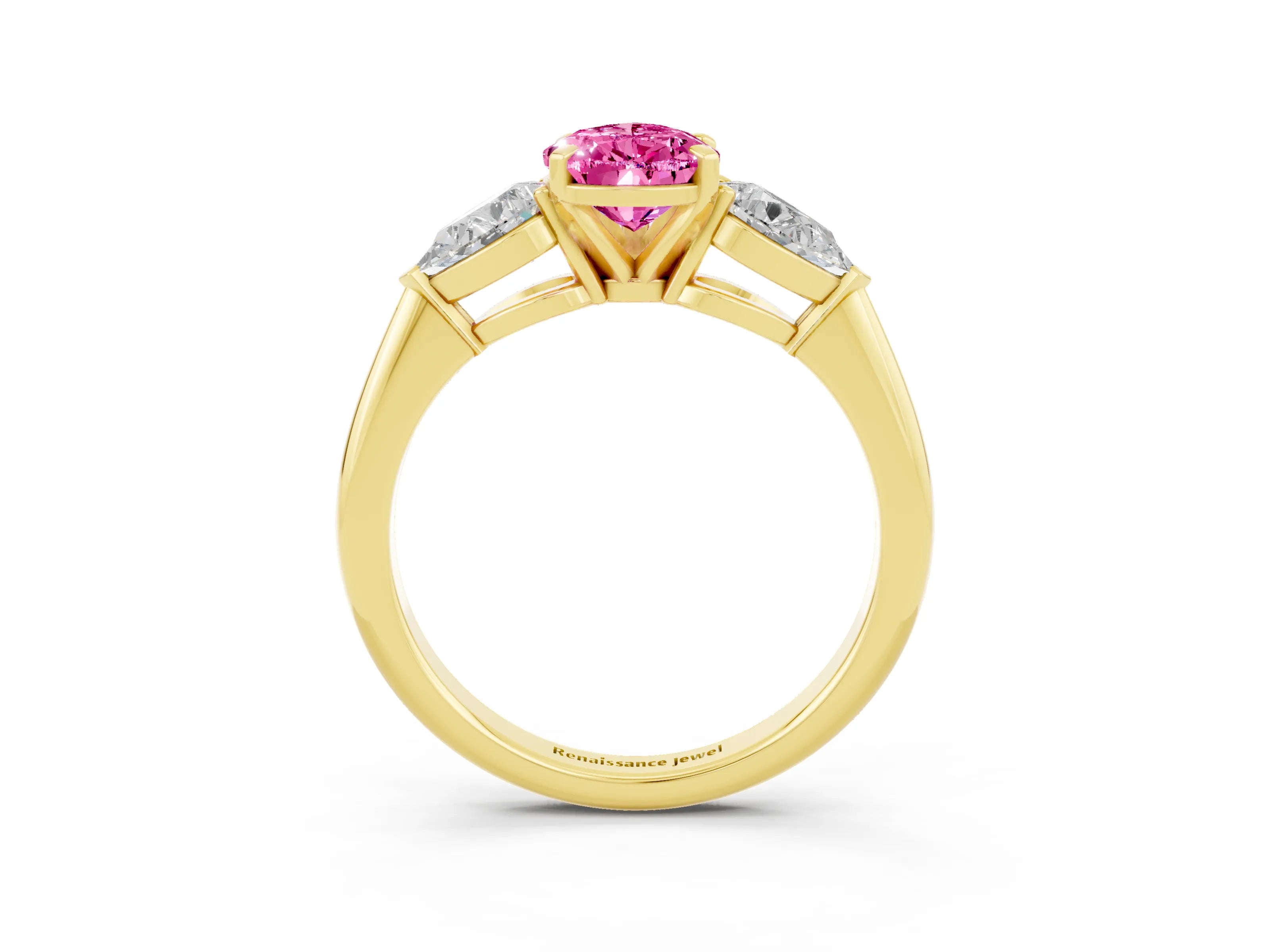 Yellow gold Three-Stone Pear Cut Pink Sapphire Ring with Pear Side Stones and Four-Prong Setting_27