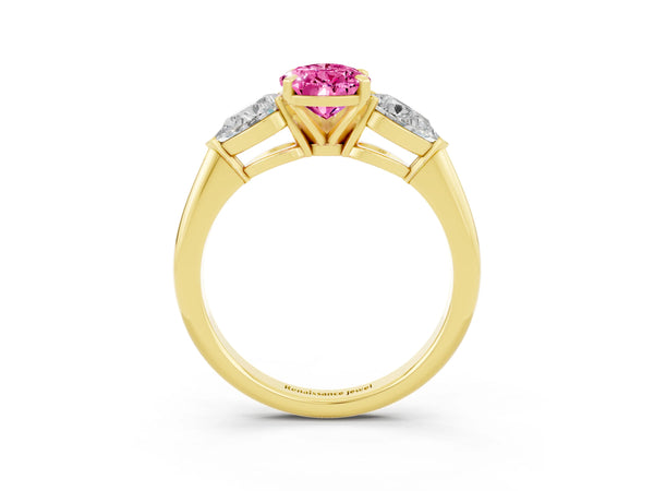 Yellow gold Three-Stone Pear Cut Pink Sapphire Ring with Pear Side Stones and Four-Prong Setting