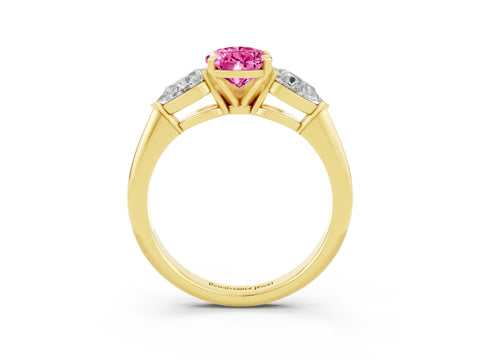 Yellow gold Three-Stone Pear Cut Pink Sapphire Ring with Pear Side Stones and Four-Prong Setting_27